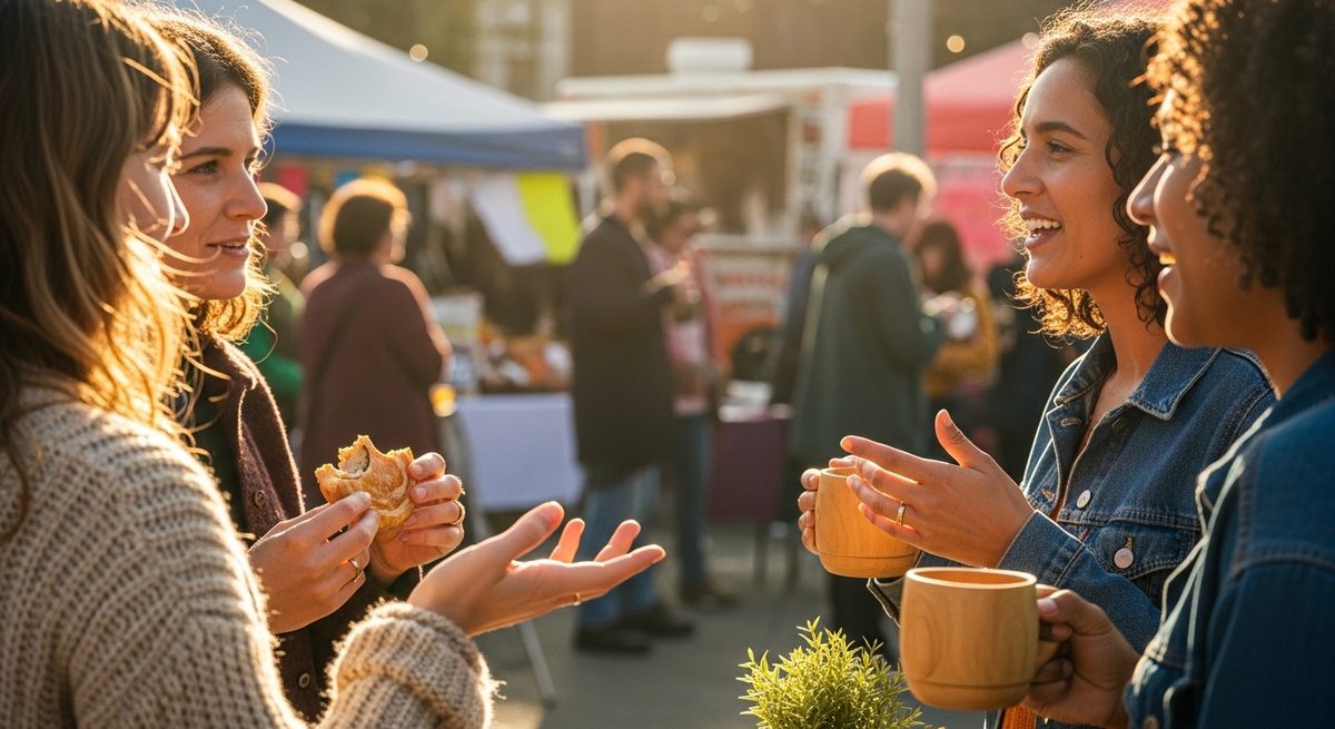 Neighbors talking over coffee at a community market — real residents sharing what it's really like to live in their area.